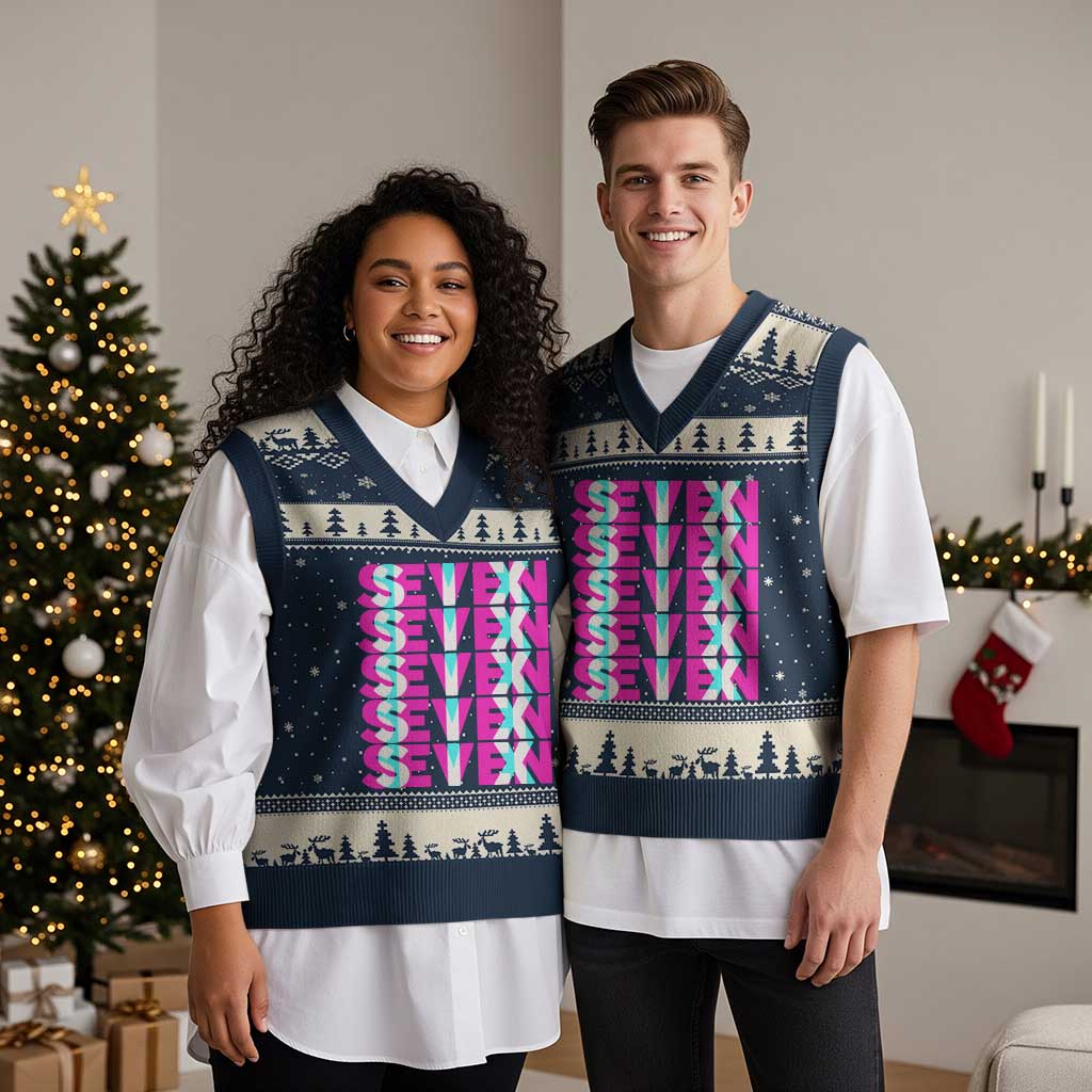 Six Seven Glitch Optical Illusion Meme V-Neck Knit Sweater Vest Funny Gen Z Alpha Gift - Wonder Print Shop