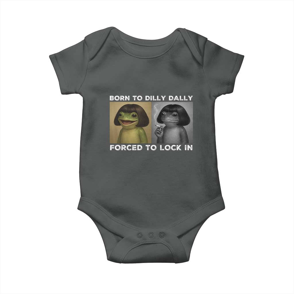 Funny Frog Bob Haircut Baby Onesie Born To Dilly Dally Forced To Lock In