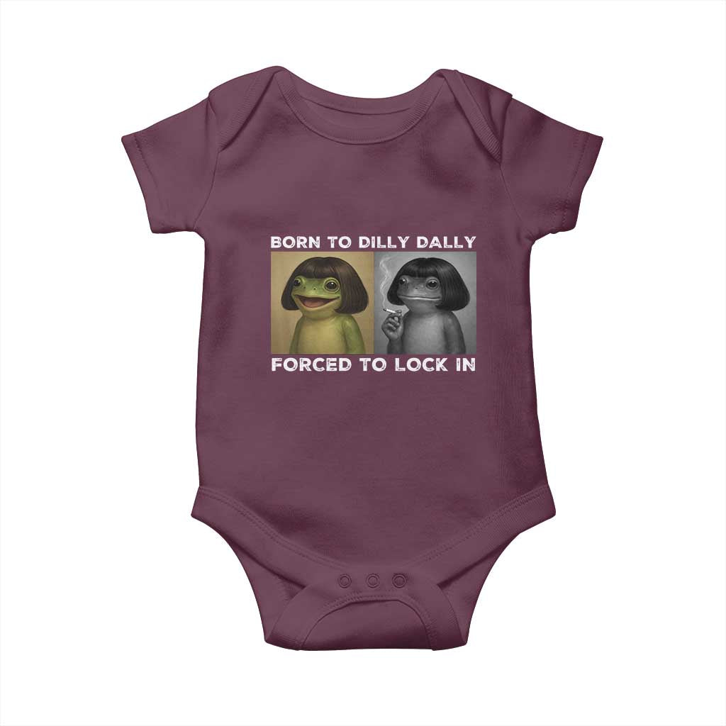 Funny Frog Bob Haircut Baby Onesie Born To Dilly Dally Forced To Lock In
