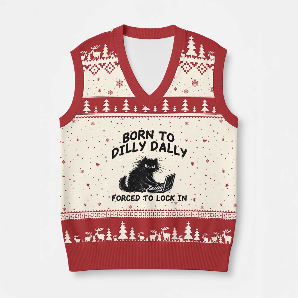 Funny Black Cat V-Neck Knit Sweater Vest Born To Dilly Dally Forced To Lock In