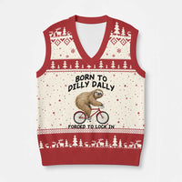 Funny Sloth Lover V-Neck Knit Sweater Vest Born To Dilly Dally Forced To Lock In