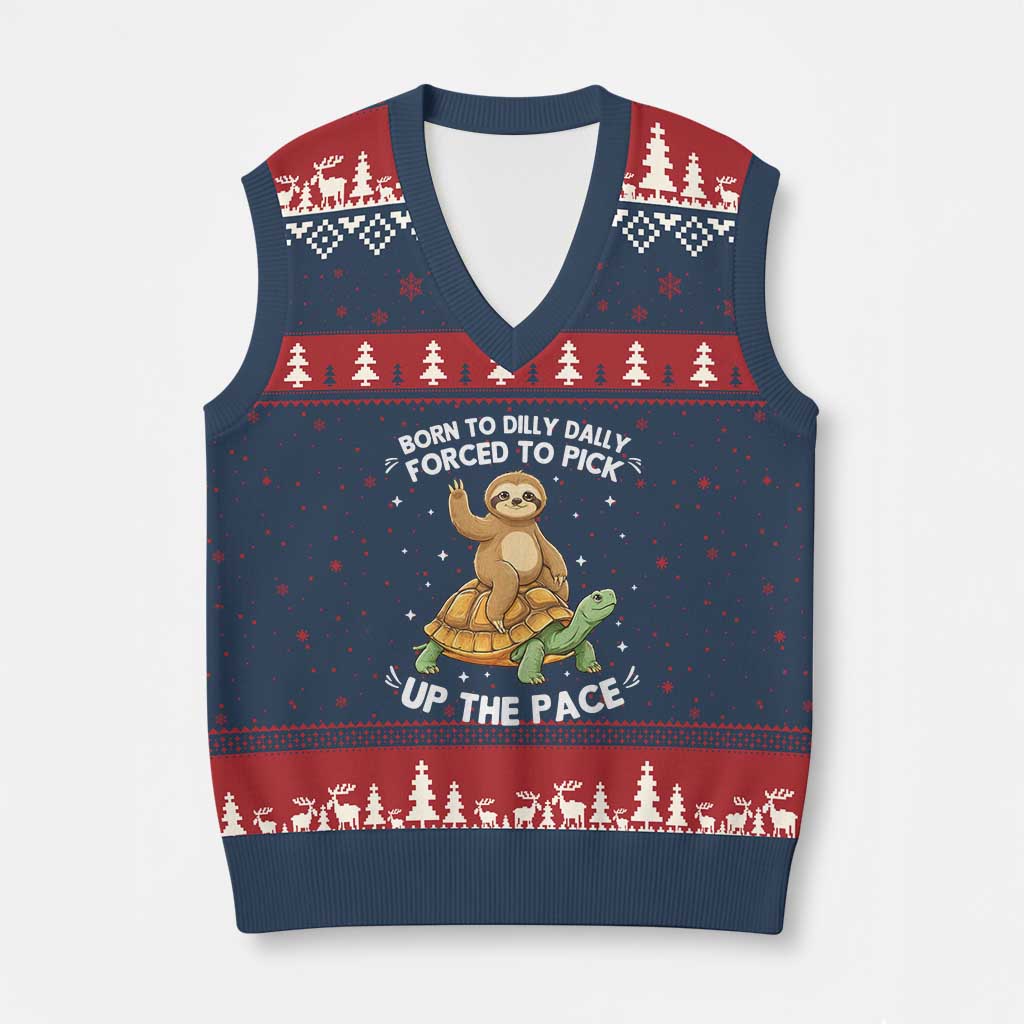 Funny Sloth Riding Turtle V-Neck Knit Sweater Vest Born To Dilly Dally Forced To Pick Up The Pace