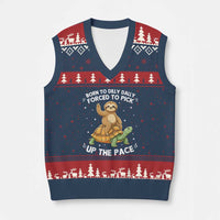 Funny Sloth Riding Turtle V-Neck Knit Sweater Vest Born To Dilly Dally Forced To Pick Up The Pace