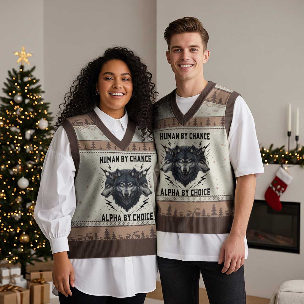 Alpha By Choice Human By Chance Wolf Mindset Quote V-Neck Knit Sweater Vest