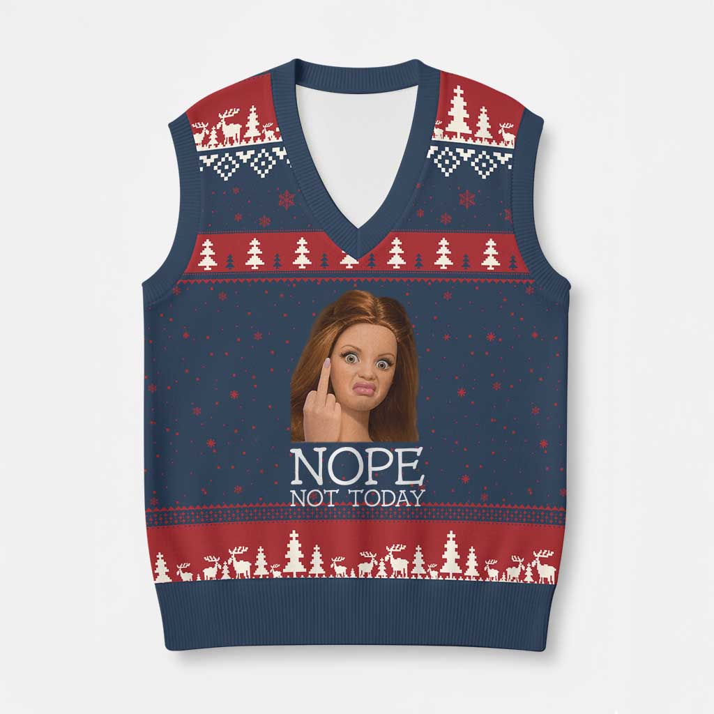 Funny Doll Face Disgusted V-Neck Knit Sweater Vest Nope Not Today Meme