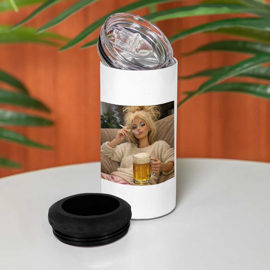 Funny Smoking And Drinking Doll Meme 4 in 1 Can Cooler Tumbler Weekend Relaxation