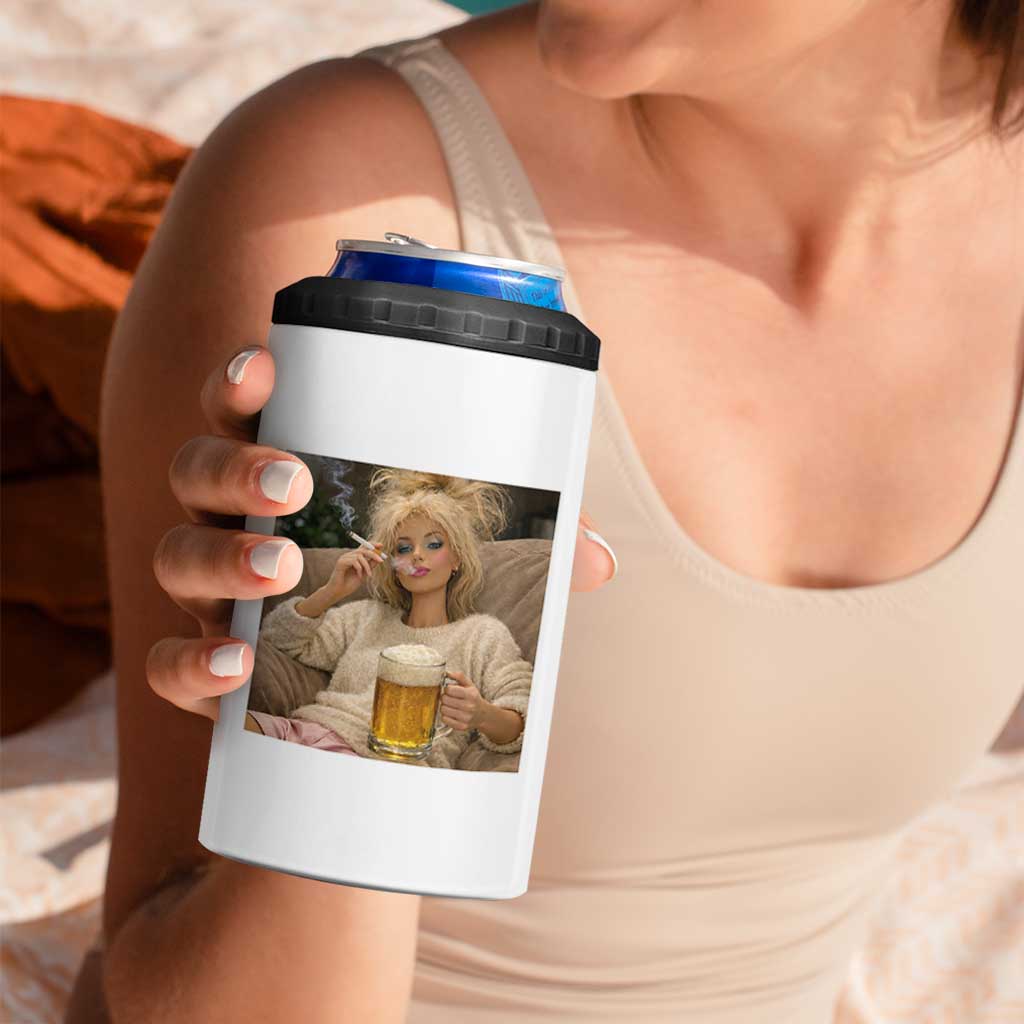 Funny Smoking And Drinking Doll Meme 4 in 1 Can Cooler Tumbler Weekend Relaxation