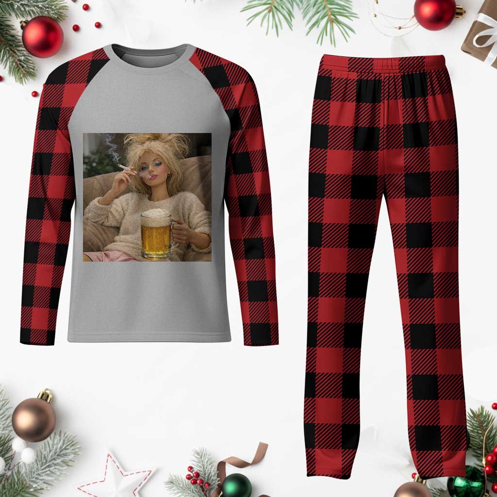 Funny Smoking And Drinking Doll Meme Plaid Pajama Set Weekend Relaxation