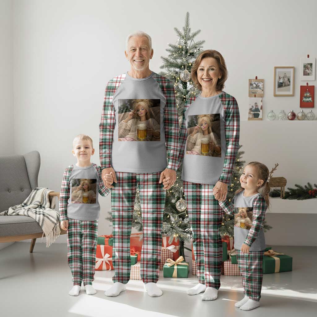 Funny Smoking And Drinking Doll Meme Plaid Pajama Set Weekend Relaxation
