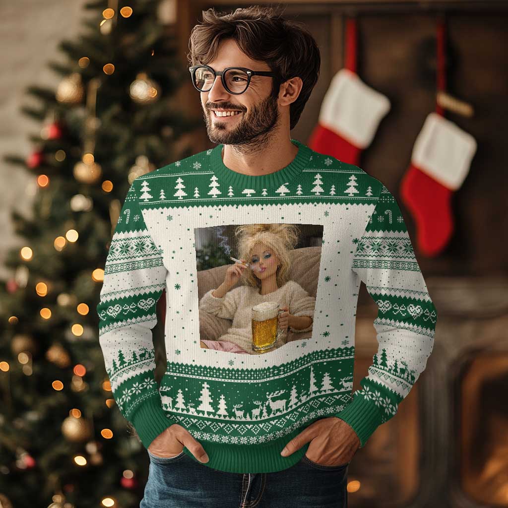 Funny Smoking And Drinking Doll Meme Ugly Christmas Sweater Weekend Relaxation