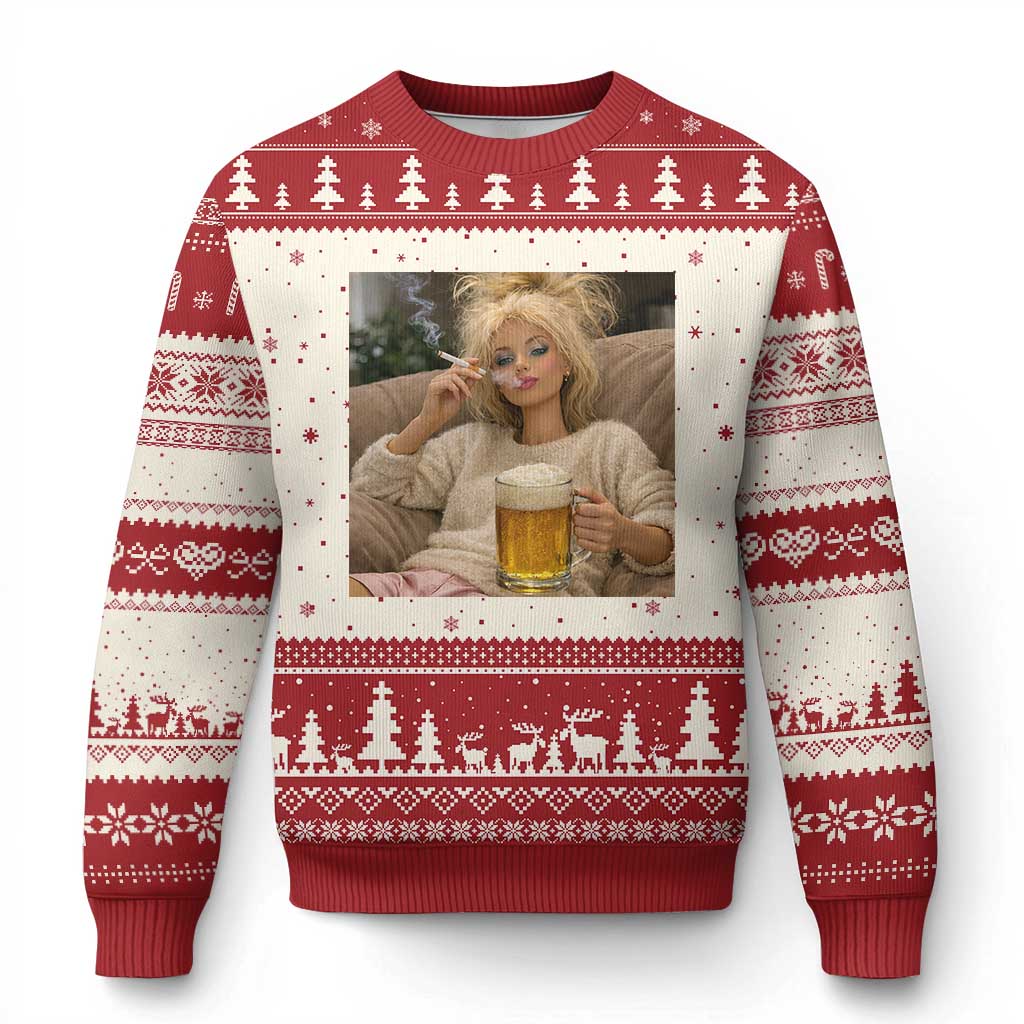 Funny Smoking And Drinking Doll Meme Ugly Christmas Sweater Weekend Relaxation