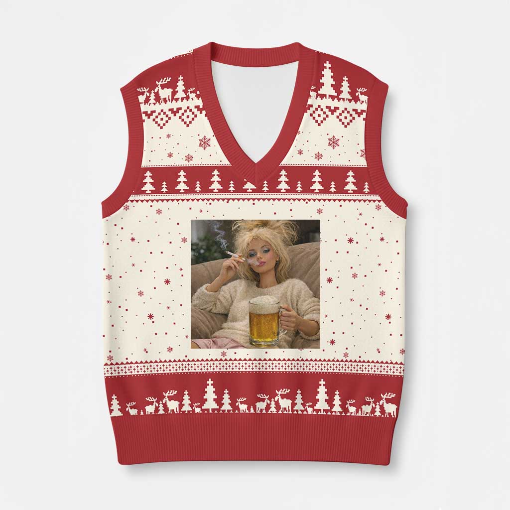 Funny Smoking And Drinking Doll Meme V-Neck Knit Sweater Vest Weekend Relaxation