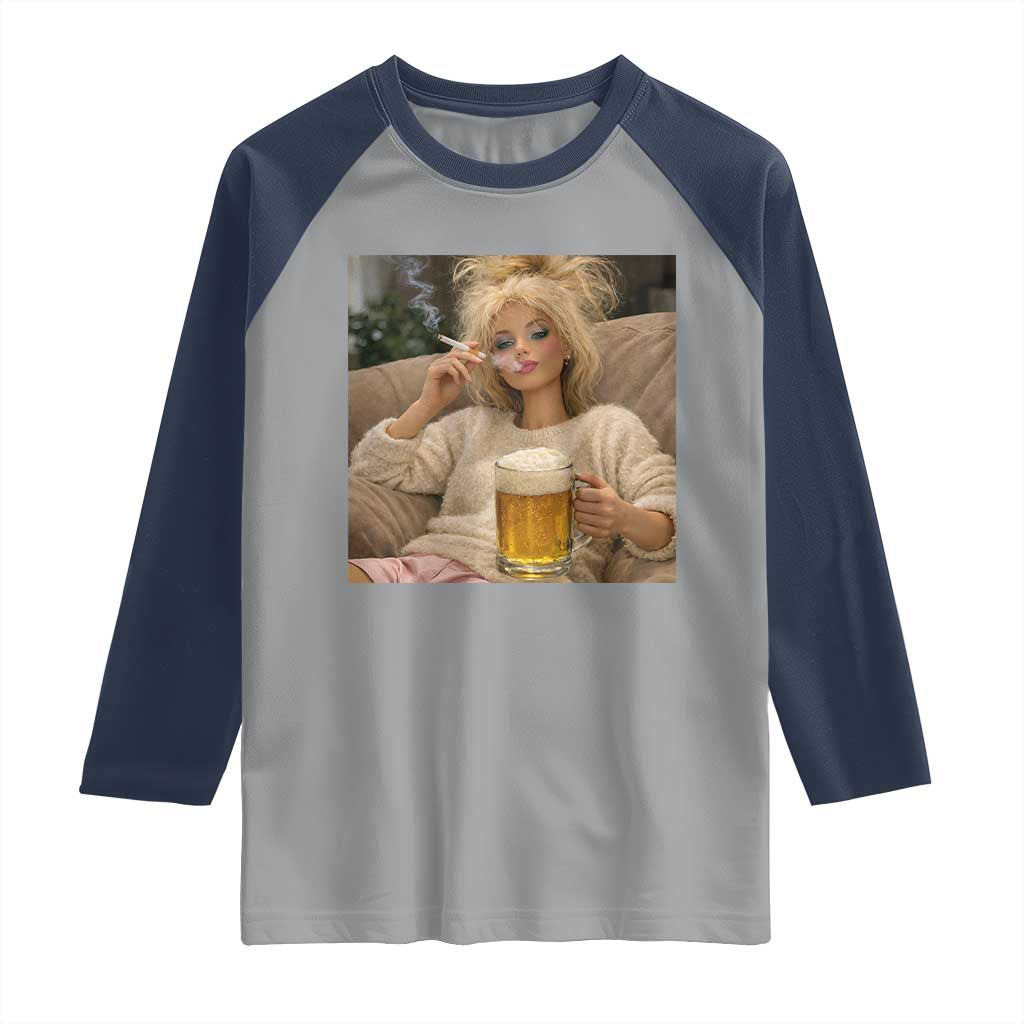 Funny Smoking And Drinking Doll Meme Raglan Shirt Weekend Relaxation