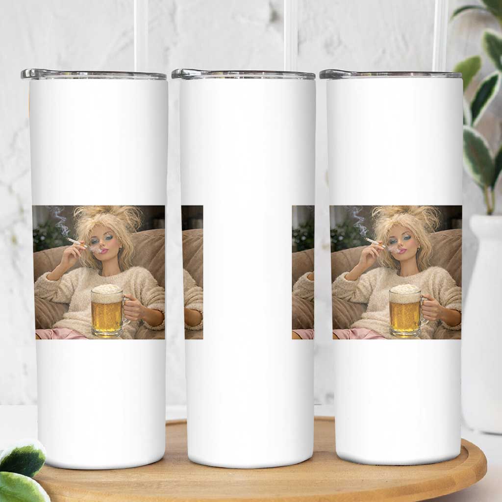 Funny Smoking And Drinking Doll Meme Skinny Tumbler Weekend Relaxation
