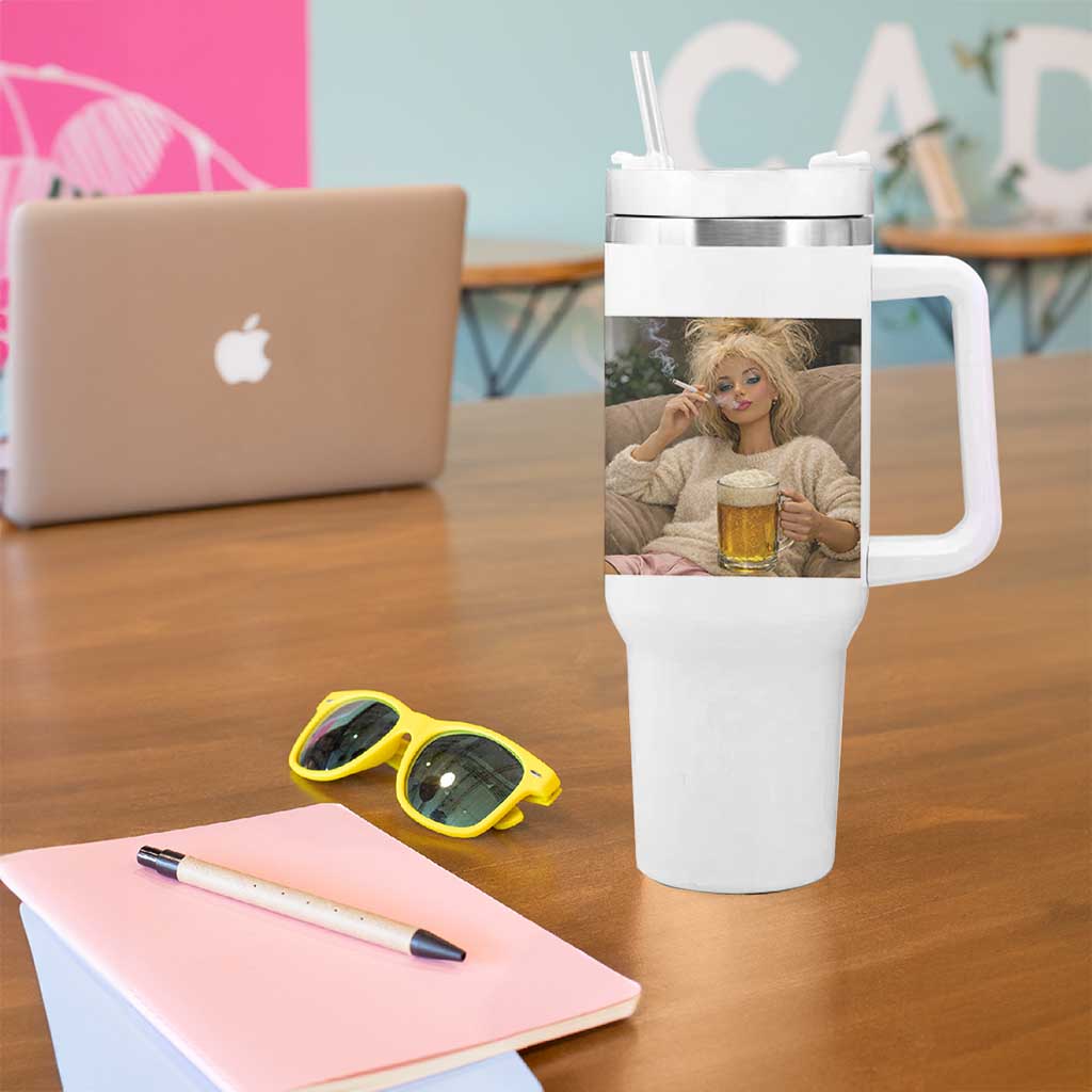Funny Smoking And Drinking Doll Meme Tumbler With Handle Weekend Relaxation