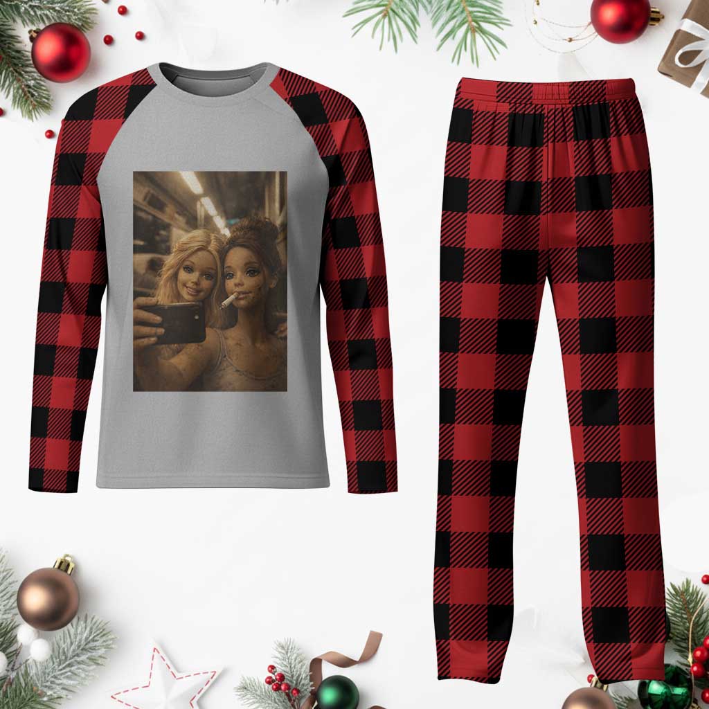 Funny Selfie Doll Meme Plaid Pajama Set Aesthetic Doll Face Graphic