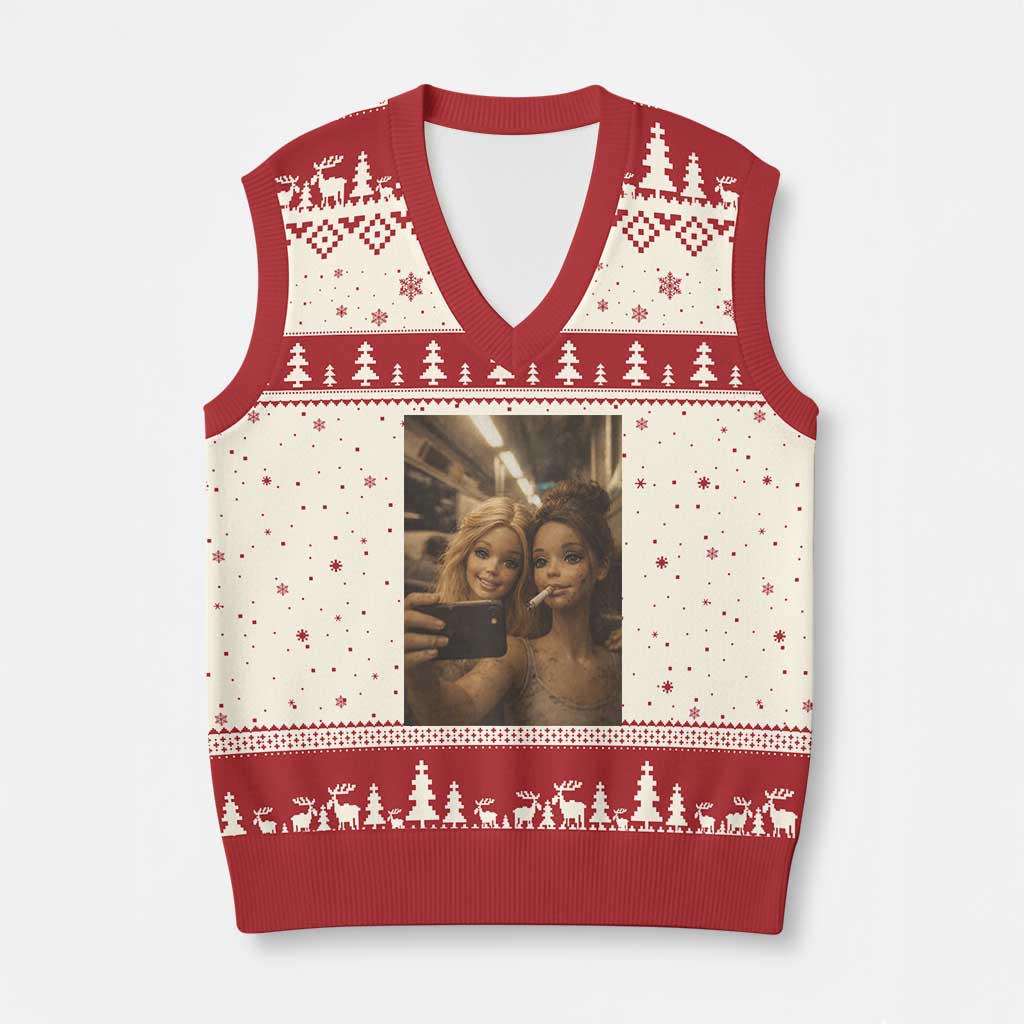 Funny Selfie Doll Meme V-Neck Knit Sweater Vest Aesthetic Doll Face Graphic