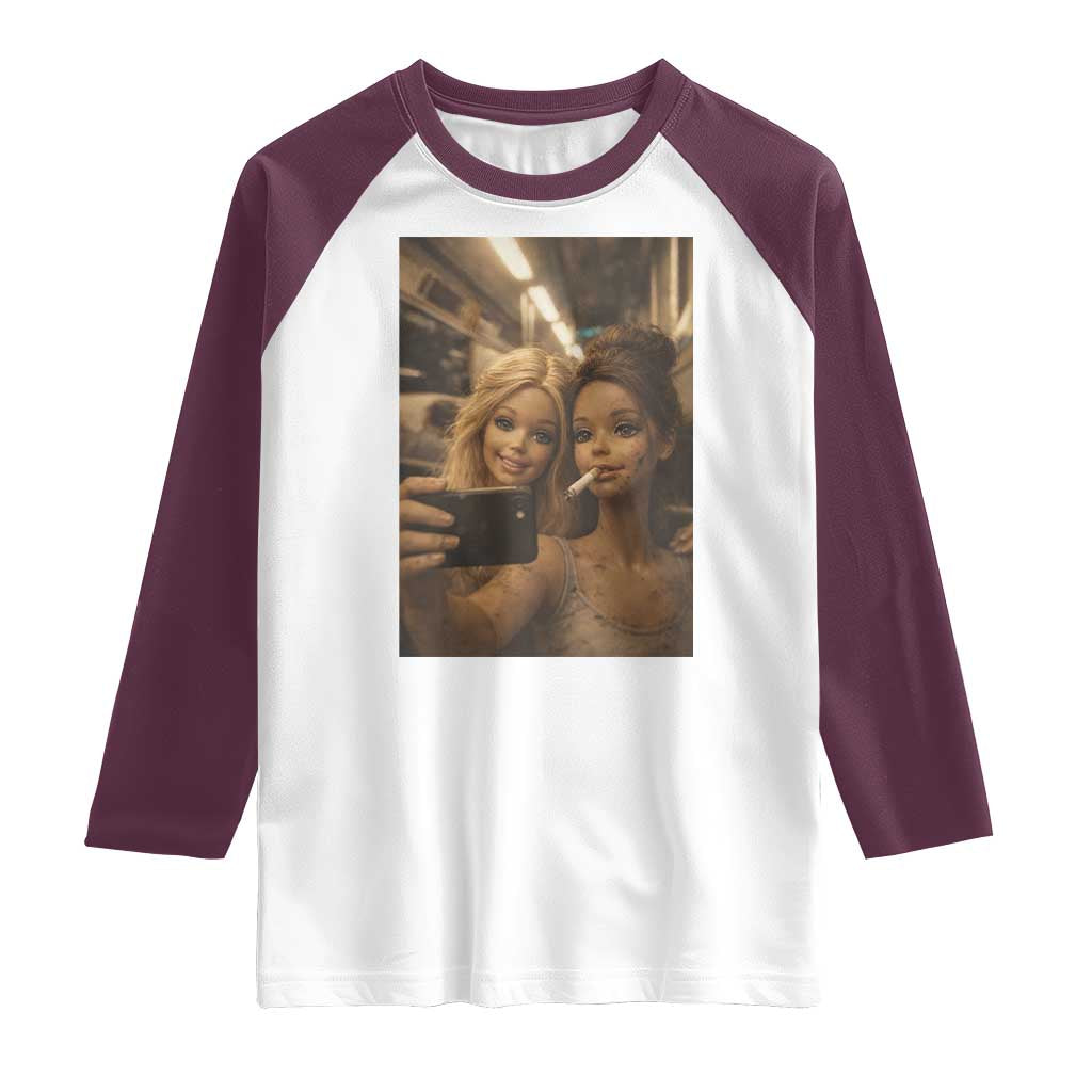 Funny Selfie Doll Meme Raglan Shirt Aesthetic Doll Face Graphic
