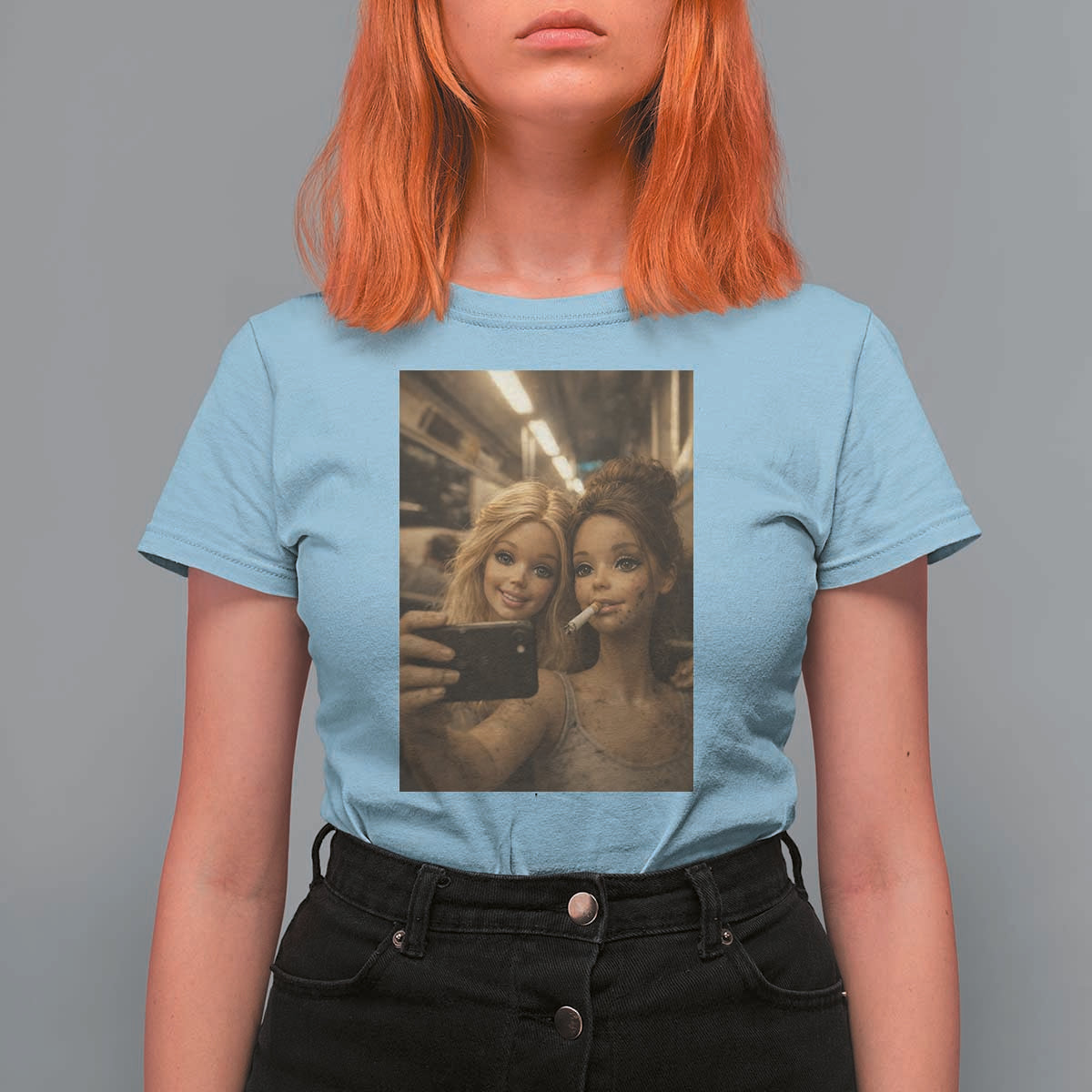 Funny Selfie Doll Meme T Shirt For Women Aesthetic Doll Face Graphic