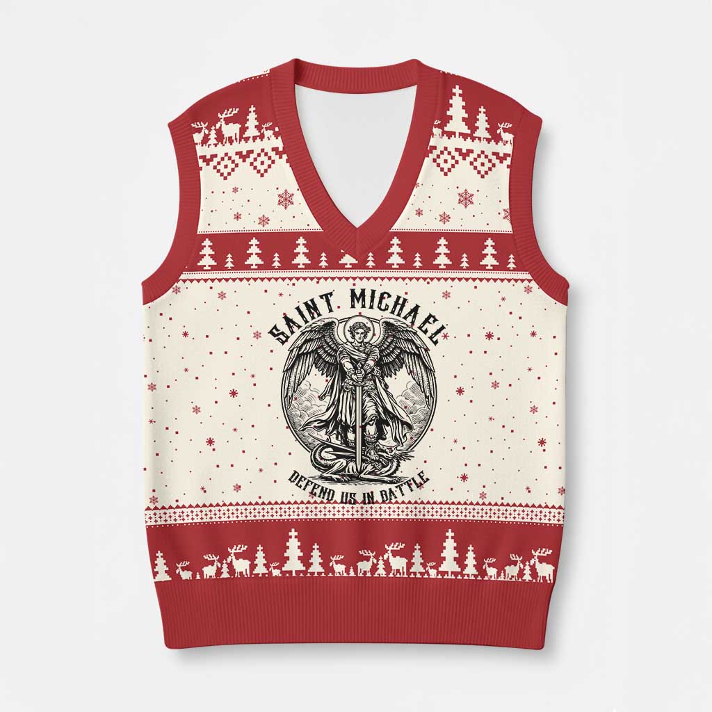 Saint Michael Heavenly Warrior V-Neck Knit Sweater Vest Defend Us In Battle