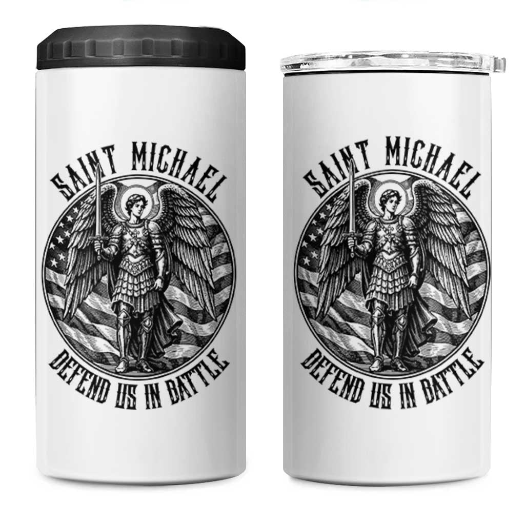 Saint Michael Defend Us In Battle 4 in 1 Can Cooler Tumbler American Flag Patriotic