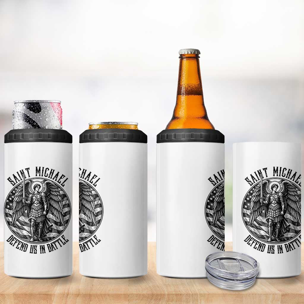 Saint Michael Defend Us In Battle 4 in 1 Can Cooler Tumbler American Flag Patriotic