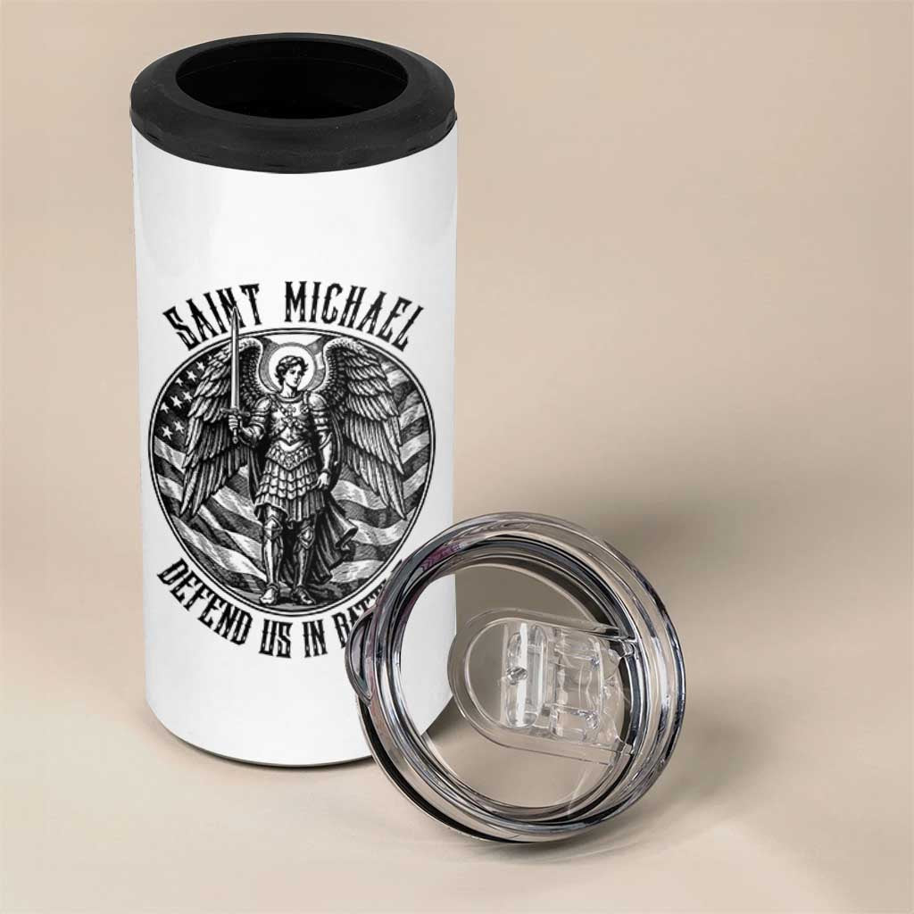 Saint Michael Defend Us In Battle 4 in 1 Can Cooler Tumbler American Flag Patriotic