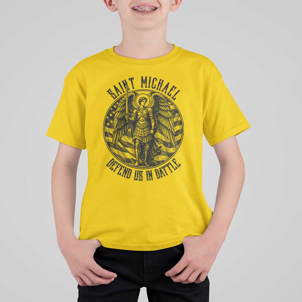 Saint Michael Defend Us In Battle T Shirt For Kid American Flag Patriotic