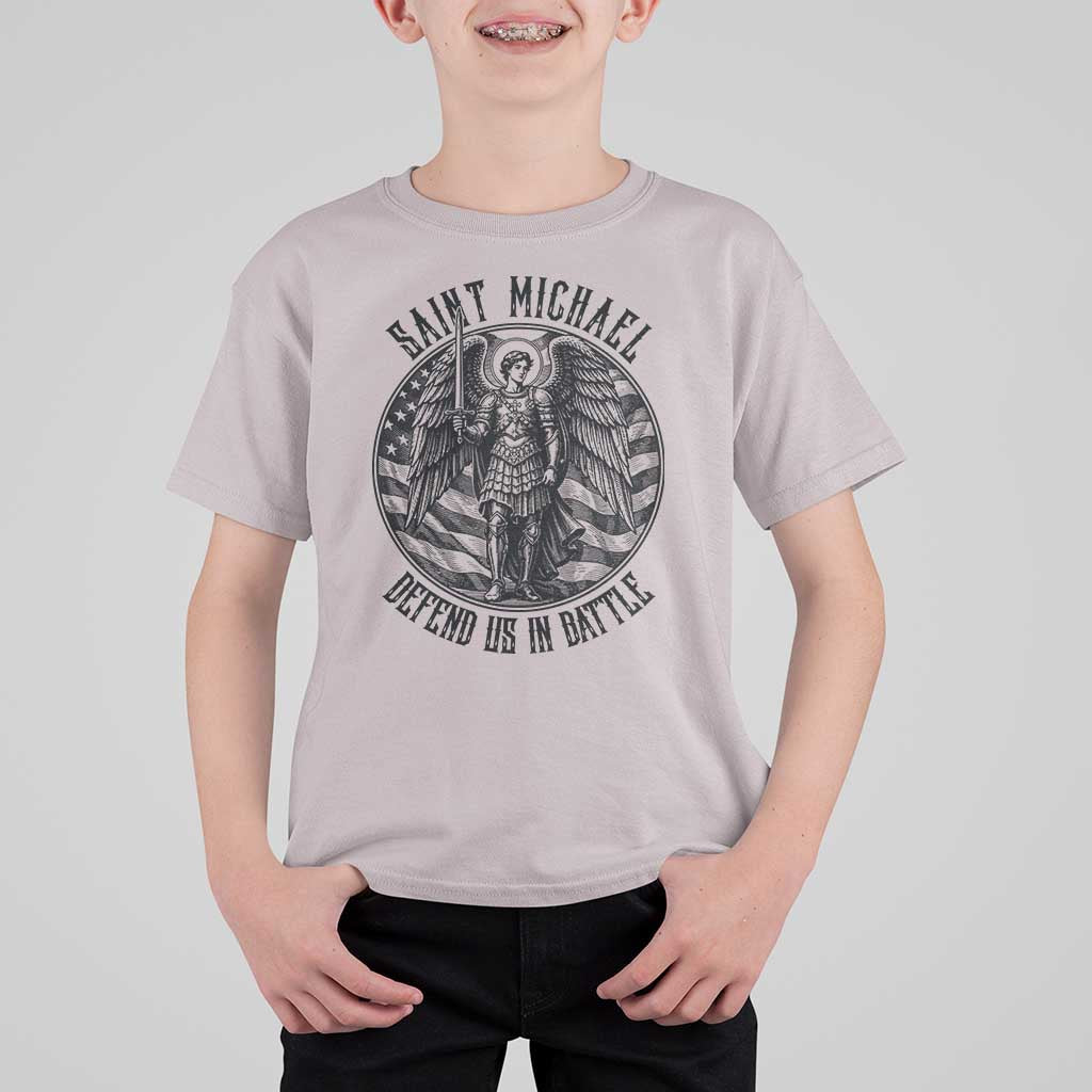 Saint Michael Defend Us In Battle T Shirt For Kid American Flag Patriotic