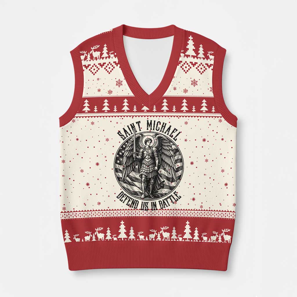 Saint Michael Defend Us In Battle V-Neck Knit Sweater Vest American Flag Patriotic