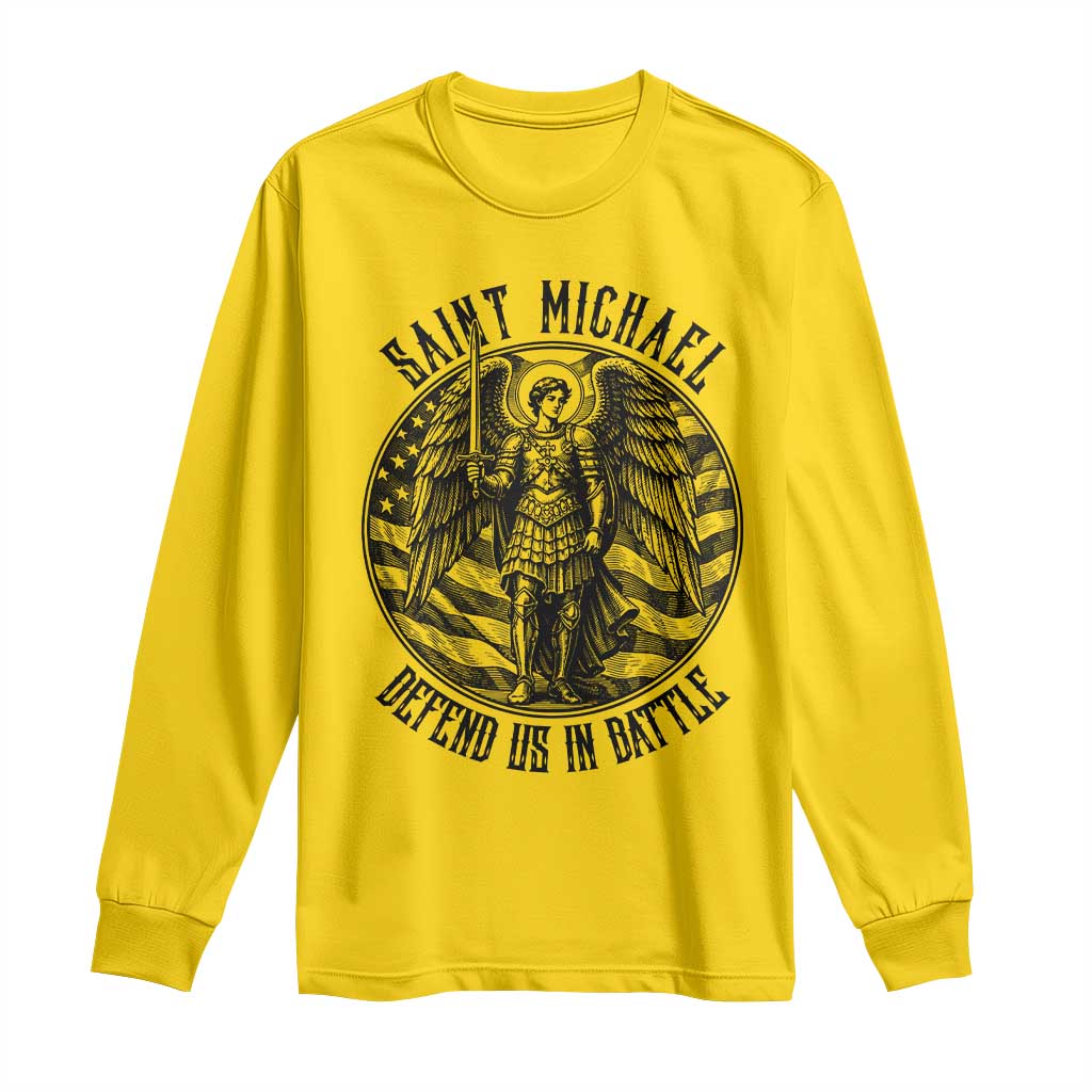 Saint Michael Defend Us In Battle Long Sleeve Shirt American Flag Patriotic