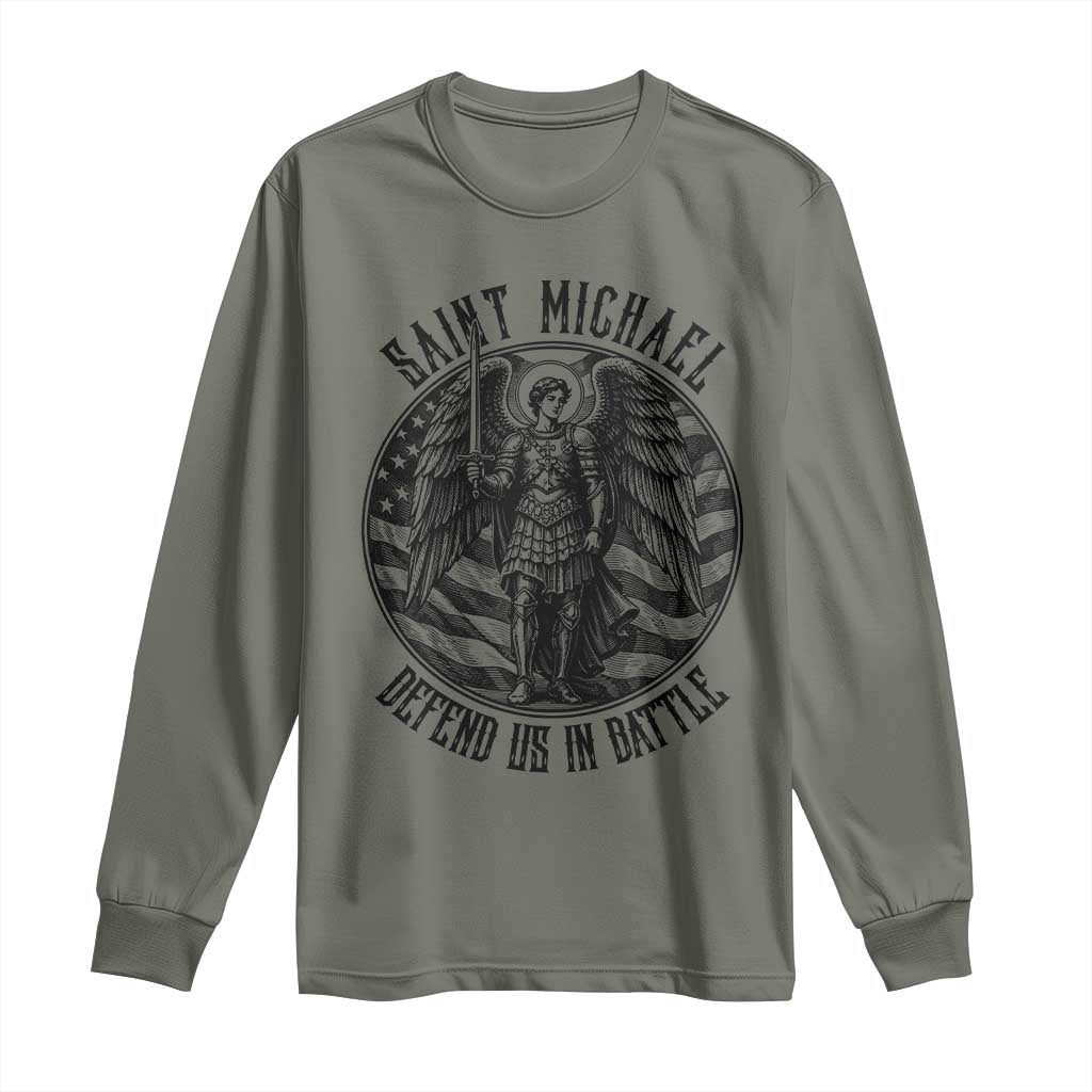 Saint Michael Defend Us In Battle Long Sleeve Shirt American Flag Patriotic