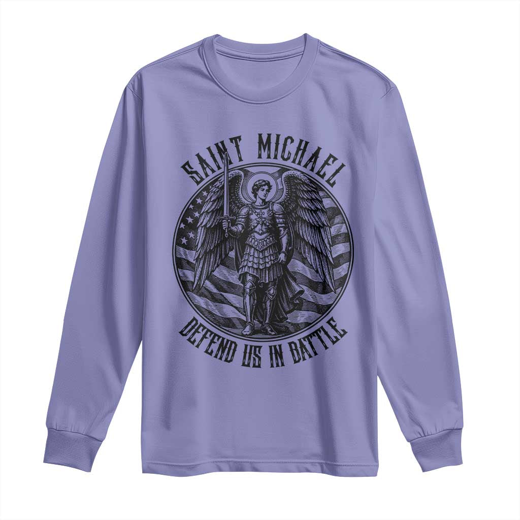 Saint Michael Defend Us In Battle Long Sleeve Shirt American Flag Patriotic