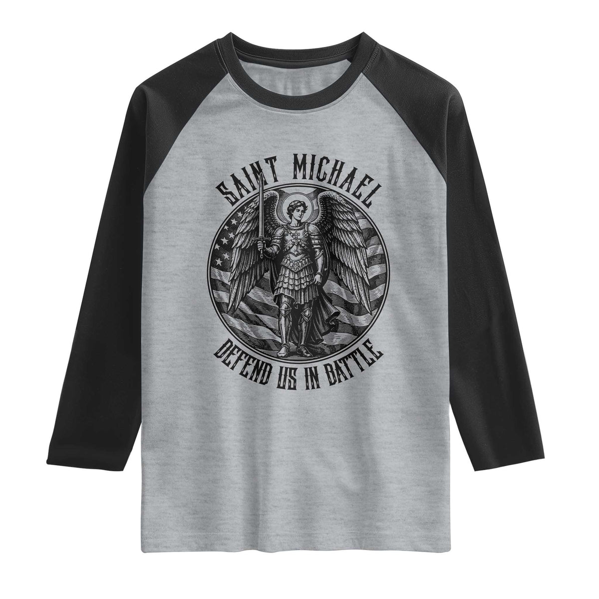 Saint Michael Defend Us In Battle Raglan Shirt American Flag Patriotic