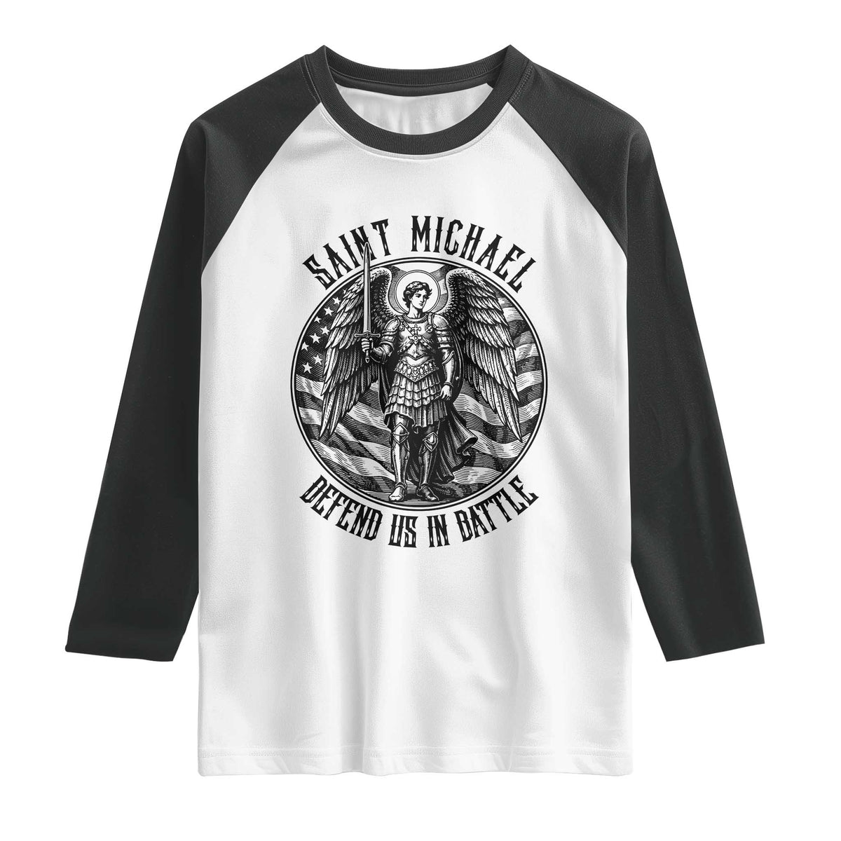 Saint Michael Defend Us In Battle Raglan Shirt American Flag Patriotic