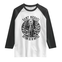 Saint Michael Defend Us In Battle Raglan Shirt American Flag Patriotic