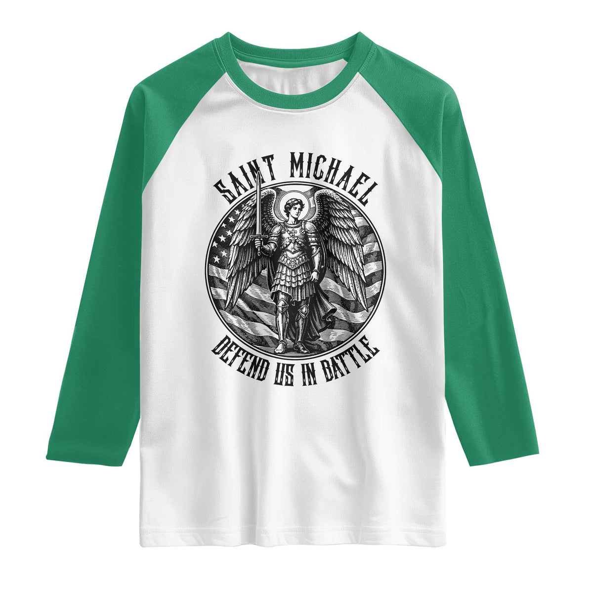 Saint Michael Defend Us In Battle Raglan Shirt American Flag Patriotic