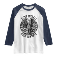 Saint Michael Defend Us In Battle Raglan Shirt American Flag Patriotic