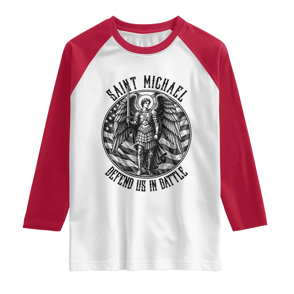 Saint Michael Defend Us In Battle Raglan Shirt American Flag Patriotic