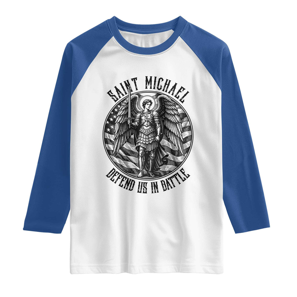 Saint Michael Defend Us In Battle Raglan Shirt American Flag Patriotic