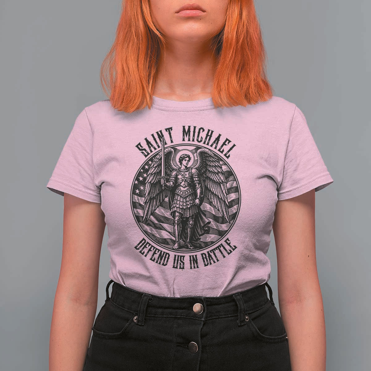 Saint Michael Defend Us In Battle T Shirt For Women American Flag Patriotic