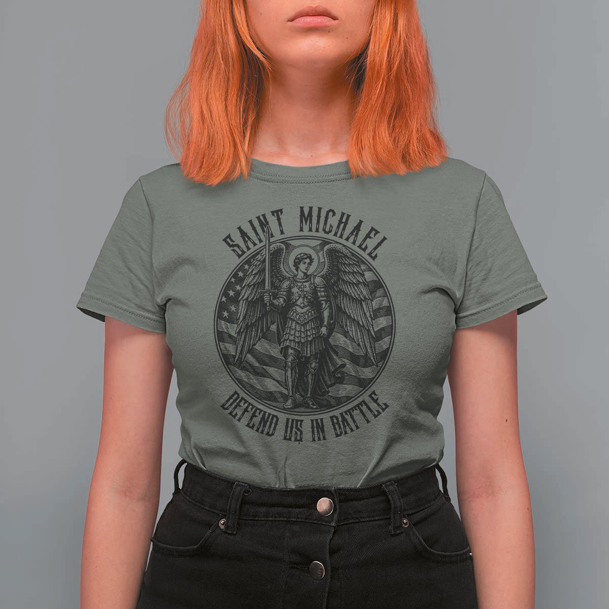 Saint Michael Defend Us In Battle T Shirt For Women American Flag Patriotic