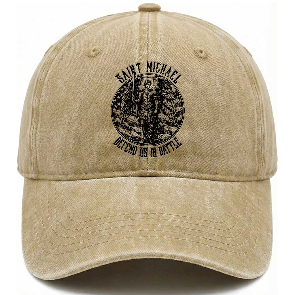 Saint Michael Defend Us In Battle Washed Cotton Baseball Cap American Flag Patriotic