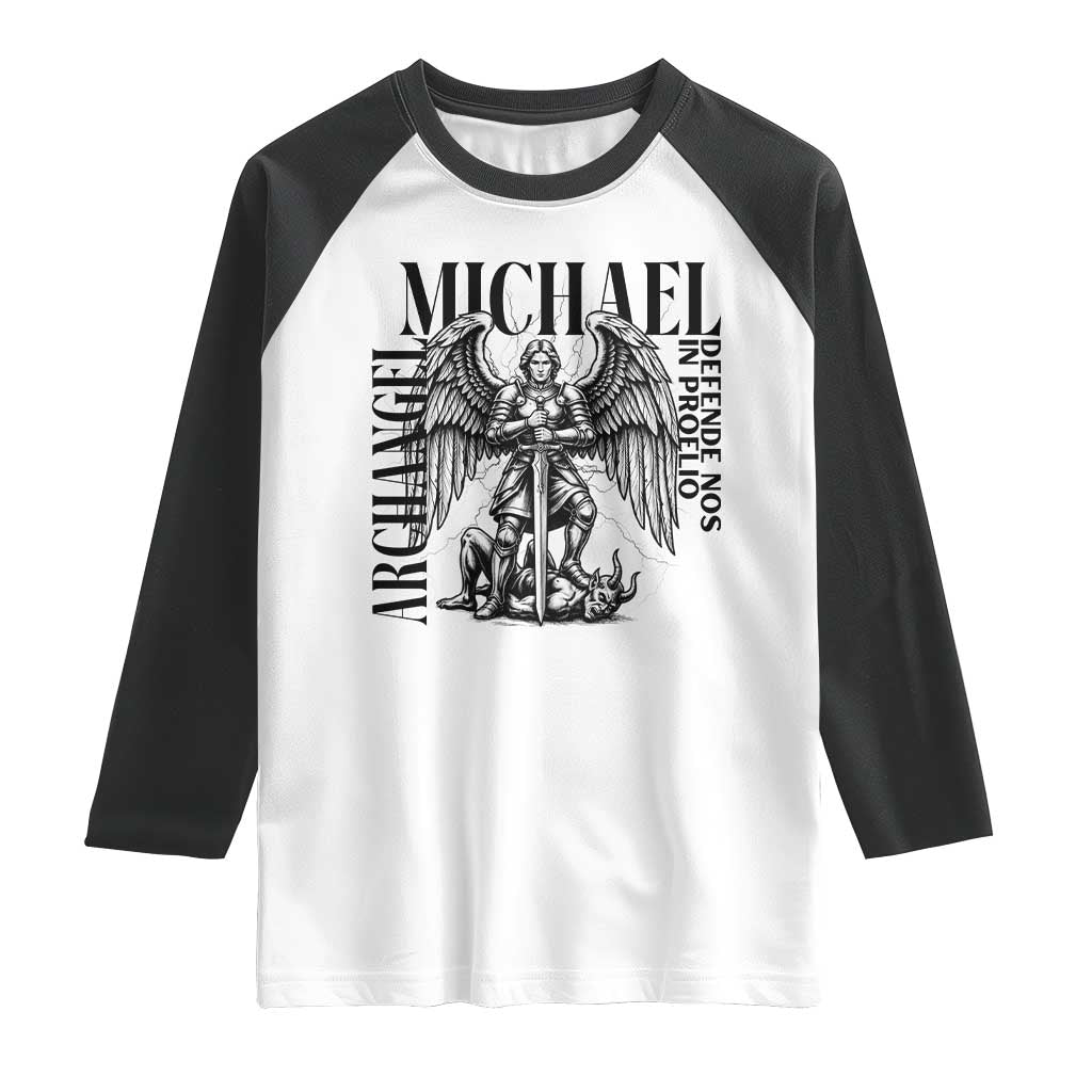 Saint Michael Archangel Defende Nos In Proelio Raglan Shirt Christian Faith Gift