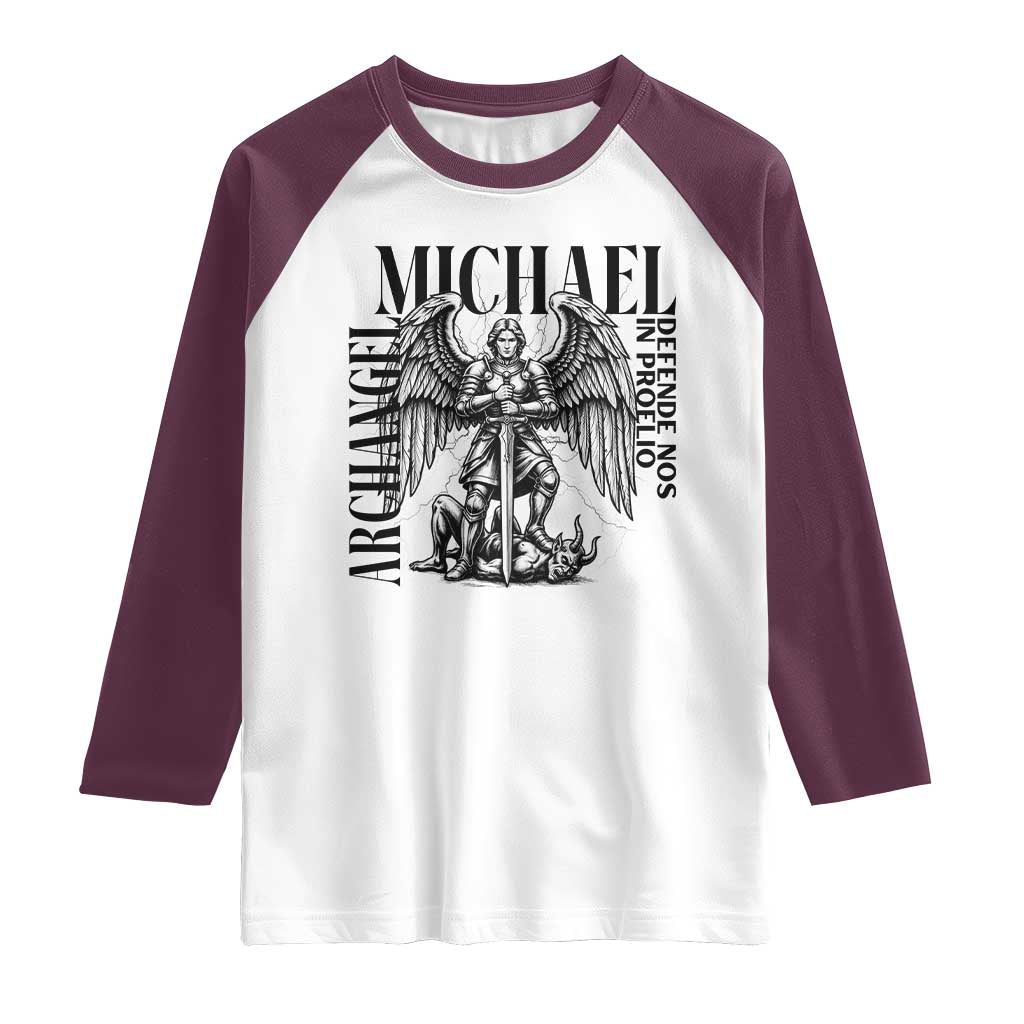 Saint Michael Archangel Defende Nos In Proelio Raglan Shirt Christian Faith Gift