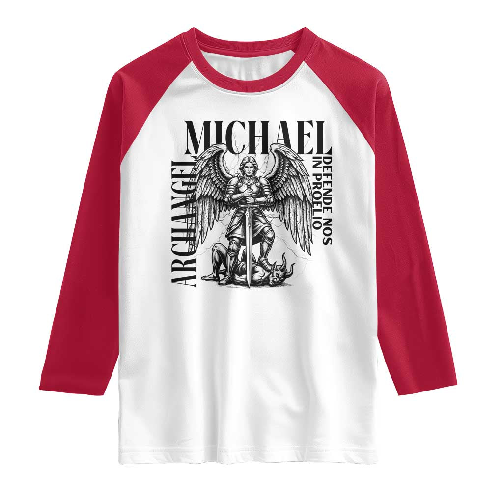 Saint Michael Archangel Defende Nos In Proelio Raglan Shirt Christian Faith Gift