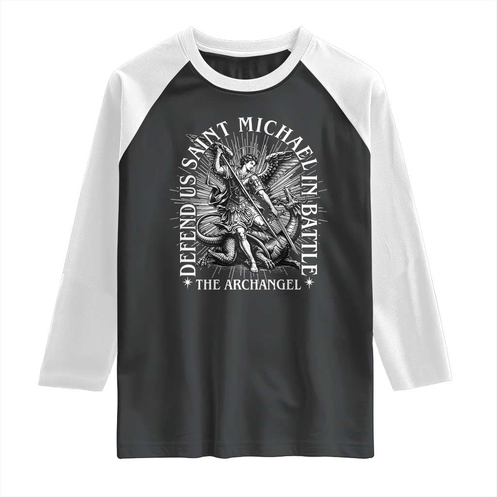 Saint Michael Defend Us In Battle Raglan Shirt Catholic Protection Gift