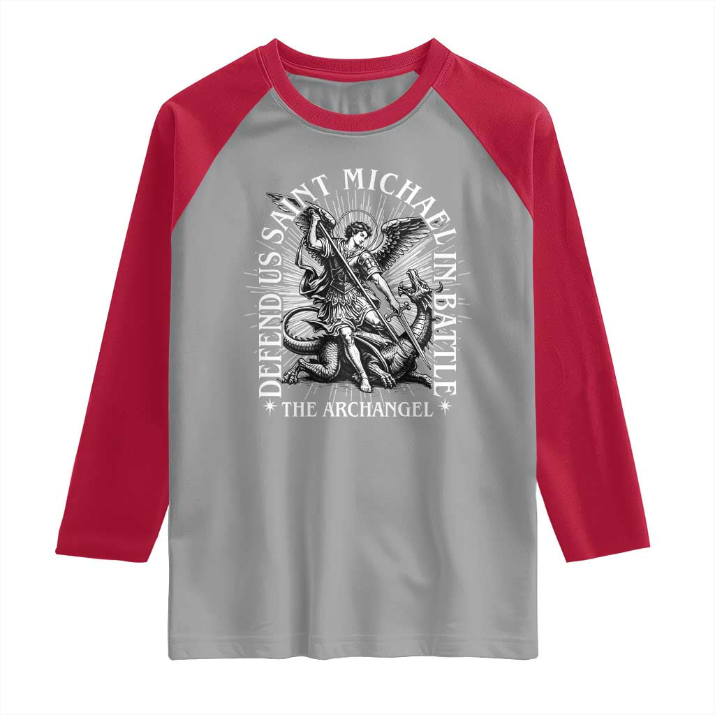Saint Michael Defend Us In Battle Raglan Shirt Catholic Protection Gift