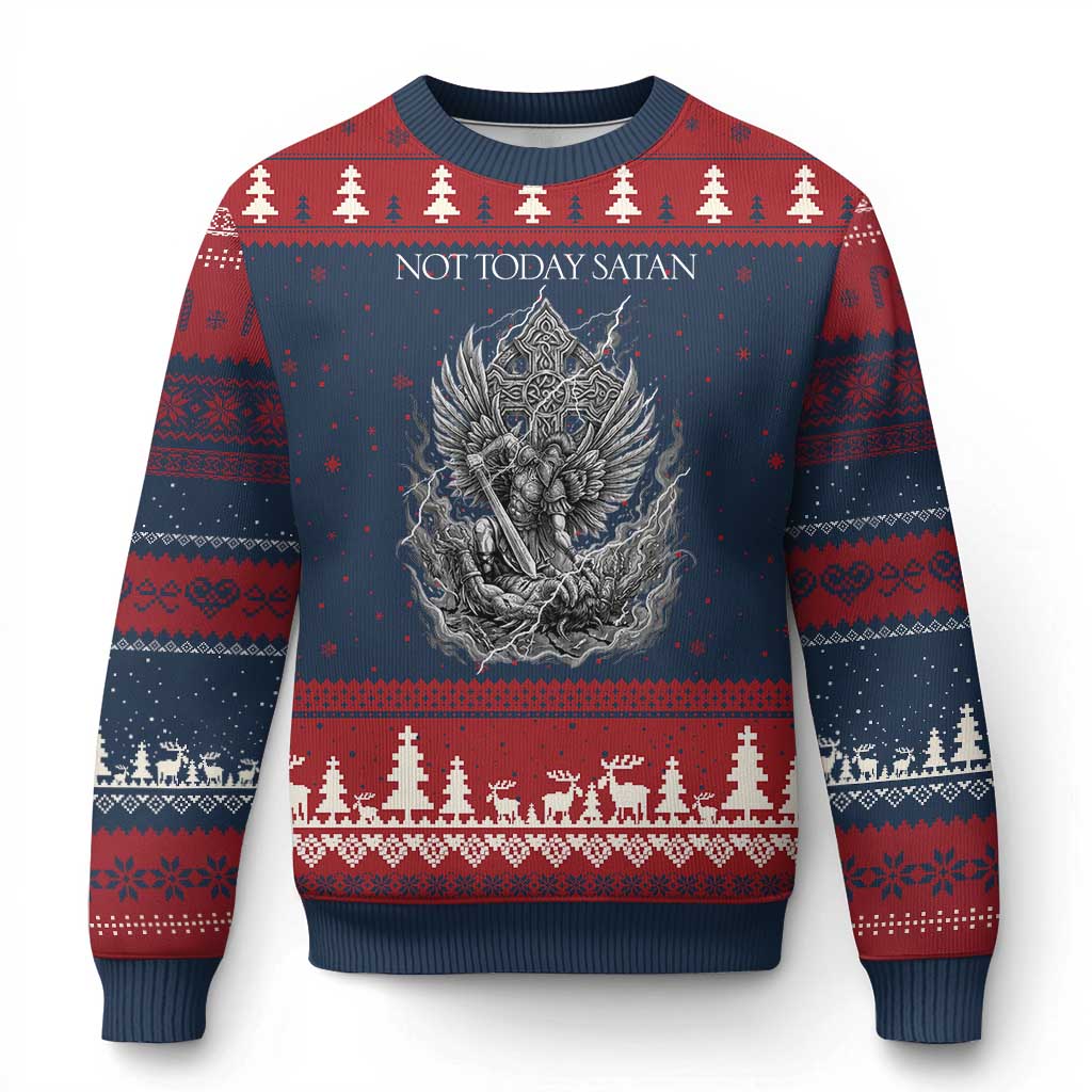 Not Today Satan Ugly Christmas Sweater Saint Michael Fights Evil
