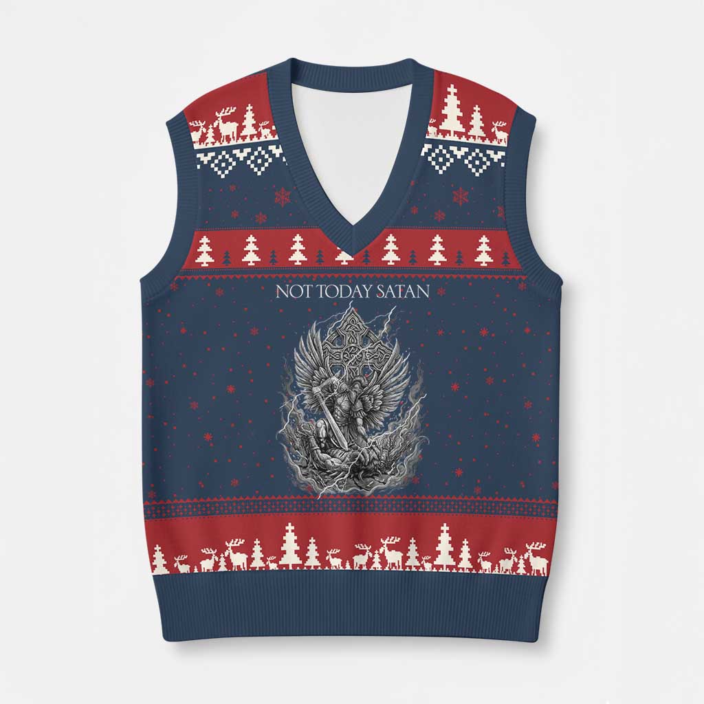 Not Today Satan V-Neck Knit Sweater Vest Saint Michael Fights Evil